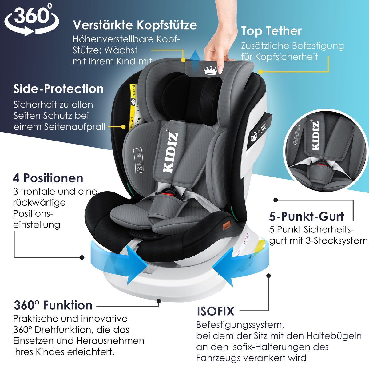 KIDIZ Babyautostoeltje Isofix 360° Groep 0-3 Zwart