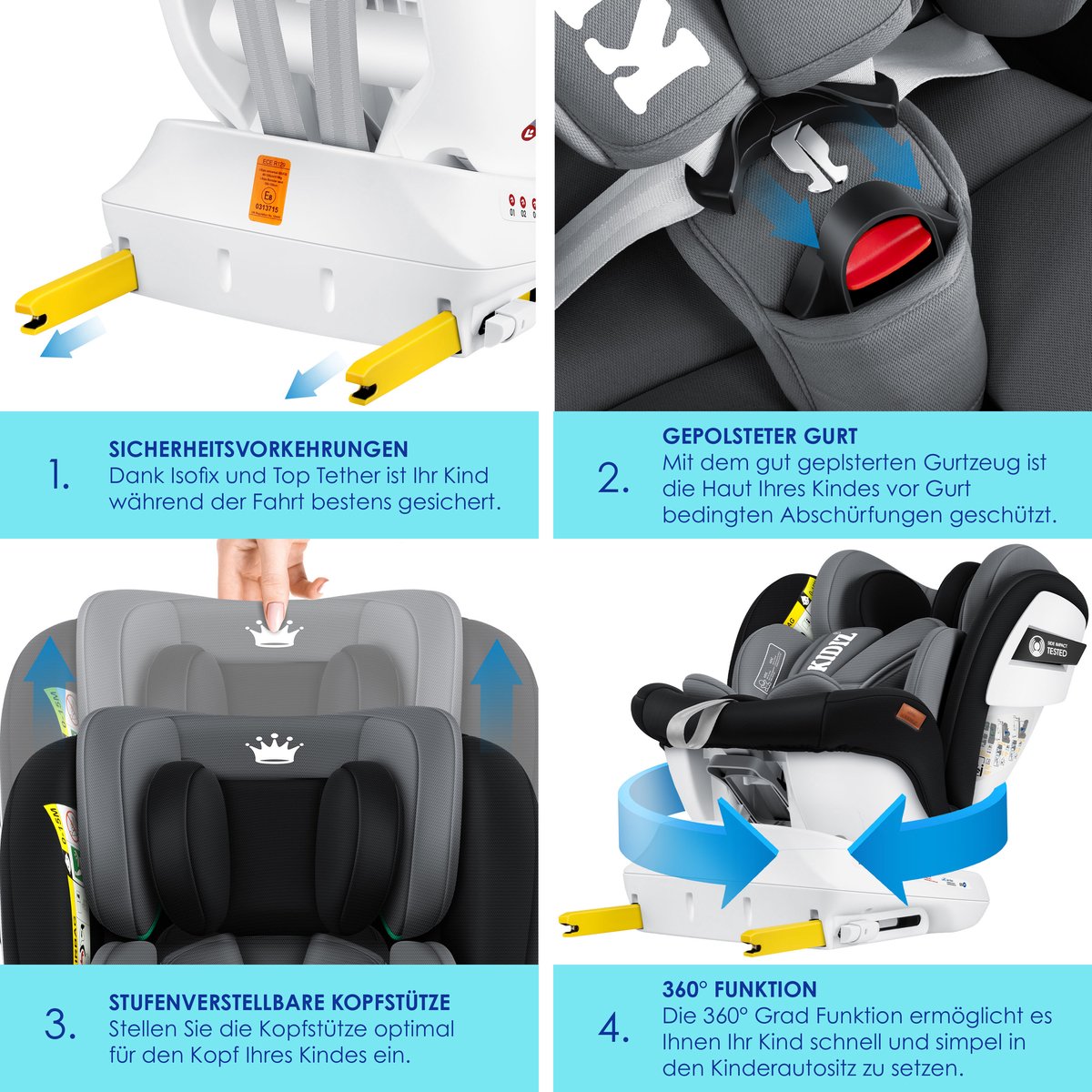 KIDIZ Babyautostoeltje Isofix 360° Groep 0-3 Zwart