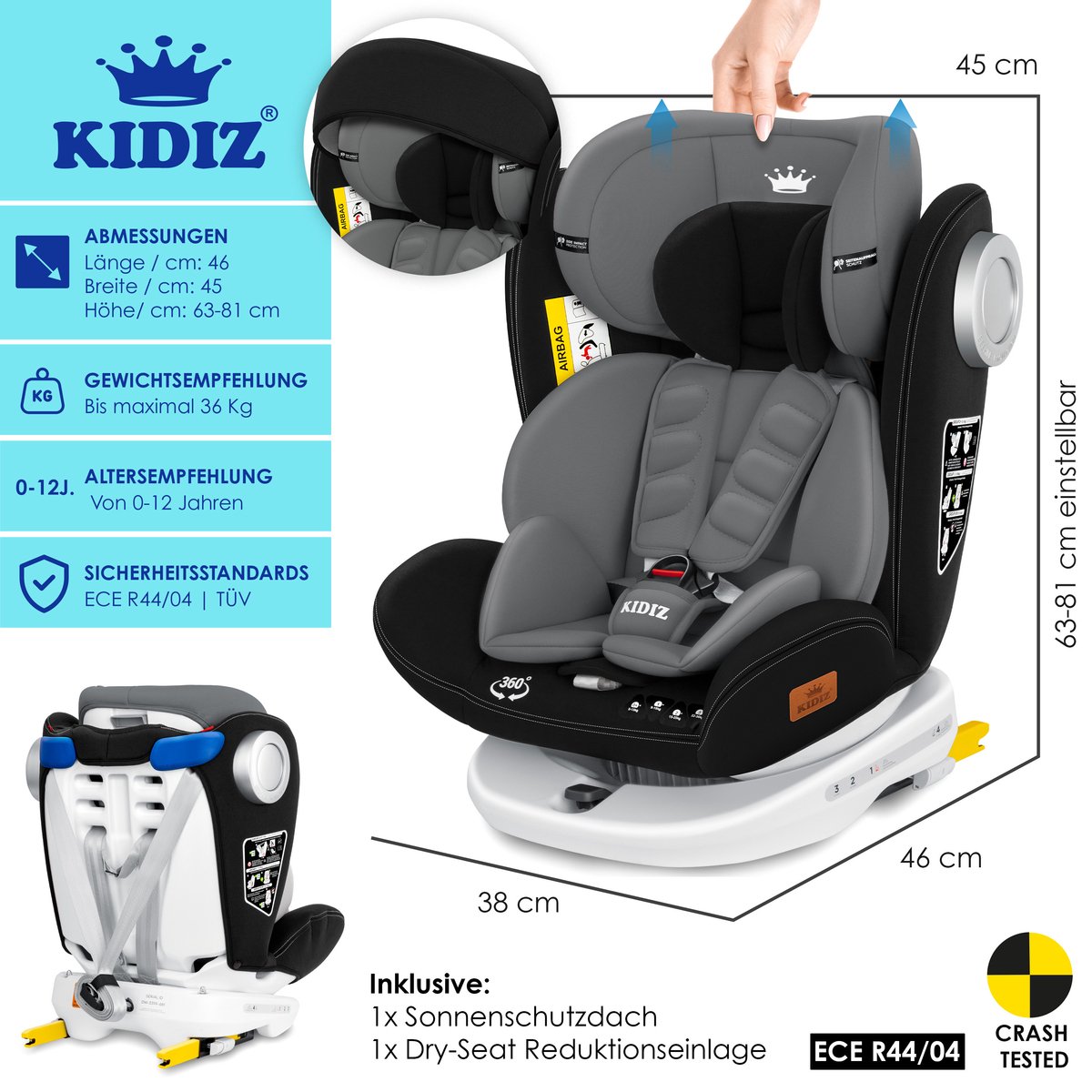 KIDIZ Babyautostoeltje Isofix 360° Groep 0-3 Zwart