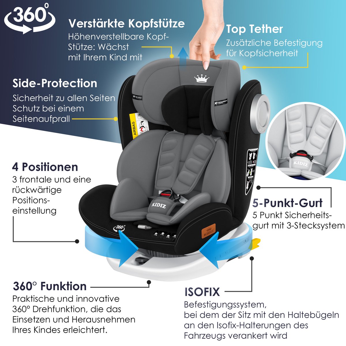 KIDIZ Babyautostoeltje Isofix 360° Groep 0-3 Zwart