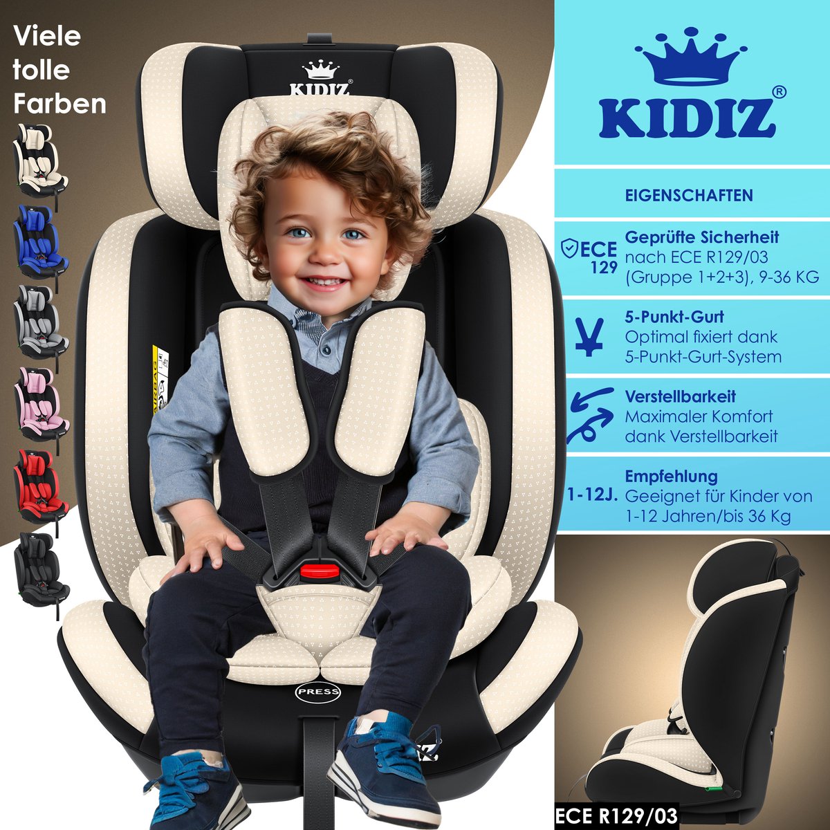 KIDIZ Kinderautostoeltje Kuip Beige 9-36 kg Gr.1/2/3