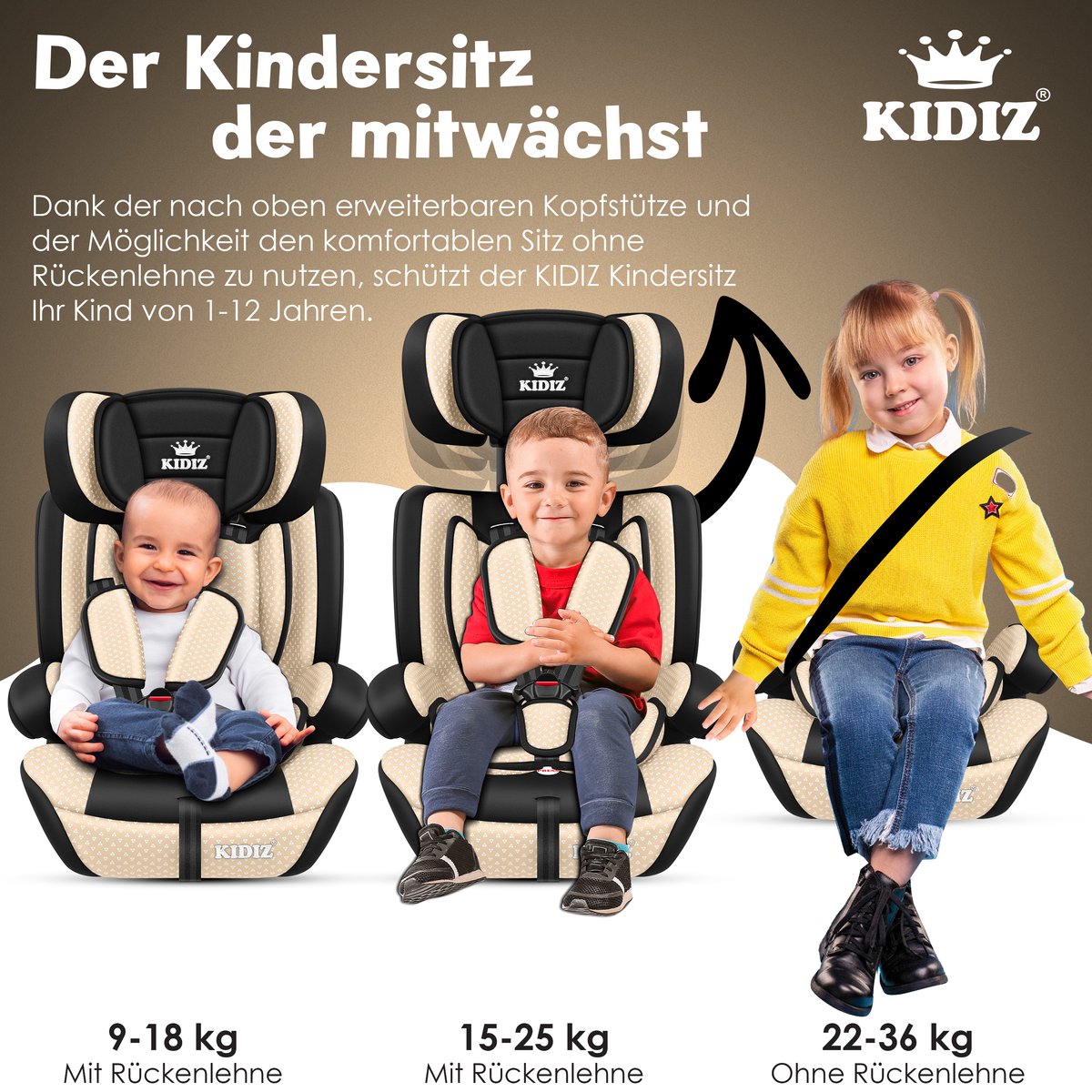 KIDIZ Kinderautostoeltje Kuip Beige 9-36 kg Gr.1/2/3