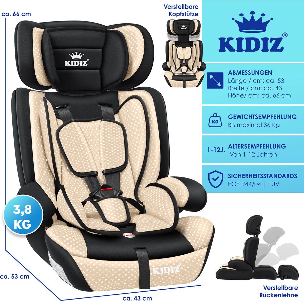KIDIZ Kinderautostoeltje Kuip Beige 9-36 kg Gr.1/2/3