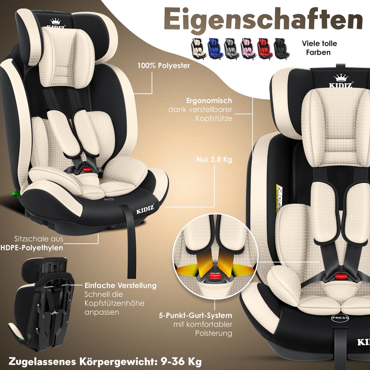 KIDIZ Kinderautostoeltje Kuip Beige 9-36 kg Gr.1/2/3