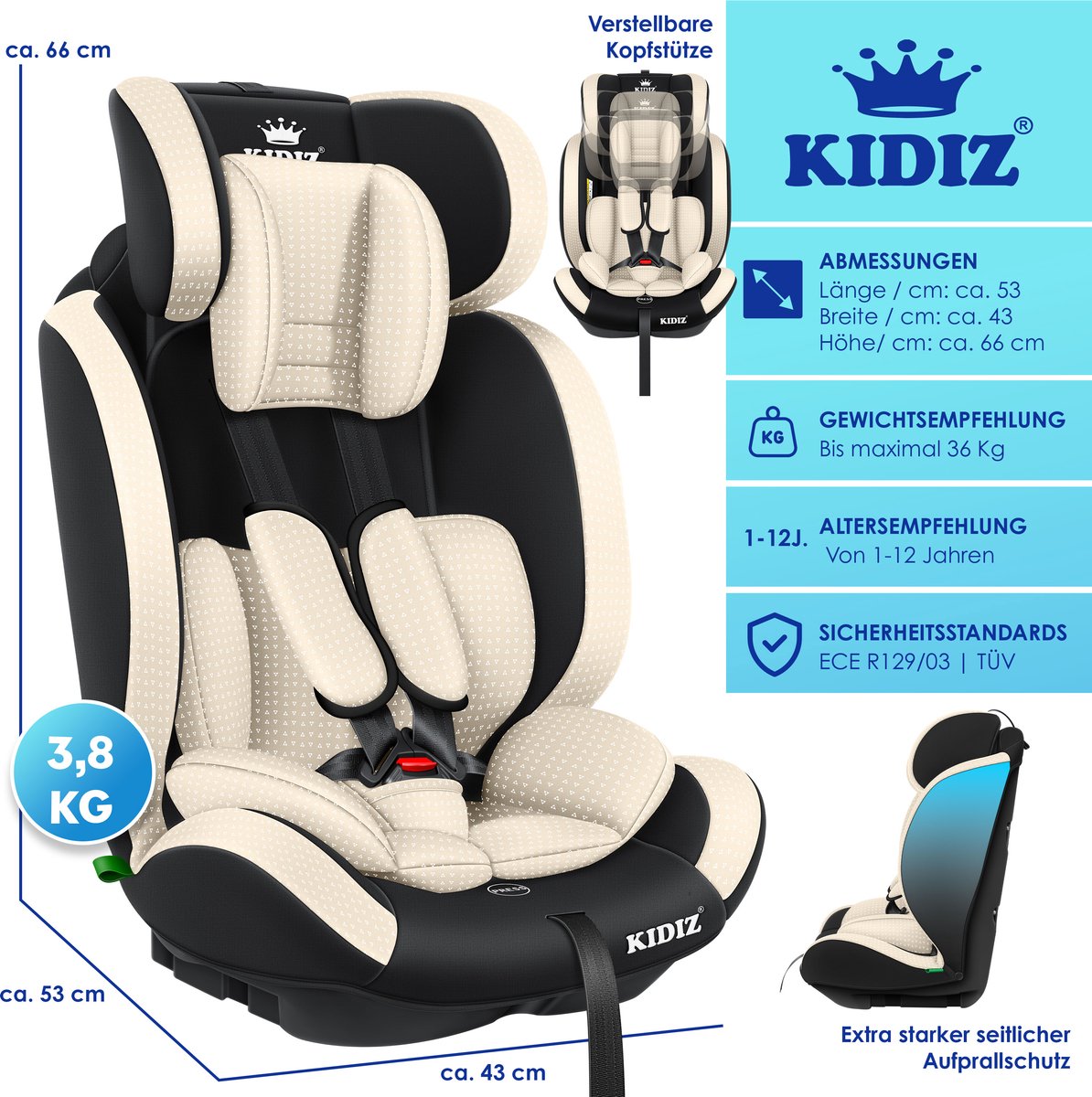 KIDIZ Kinderautostoeltje Kuip Beige 9-36 kg Gr.1/2/3
