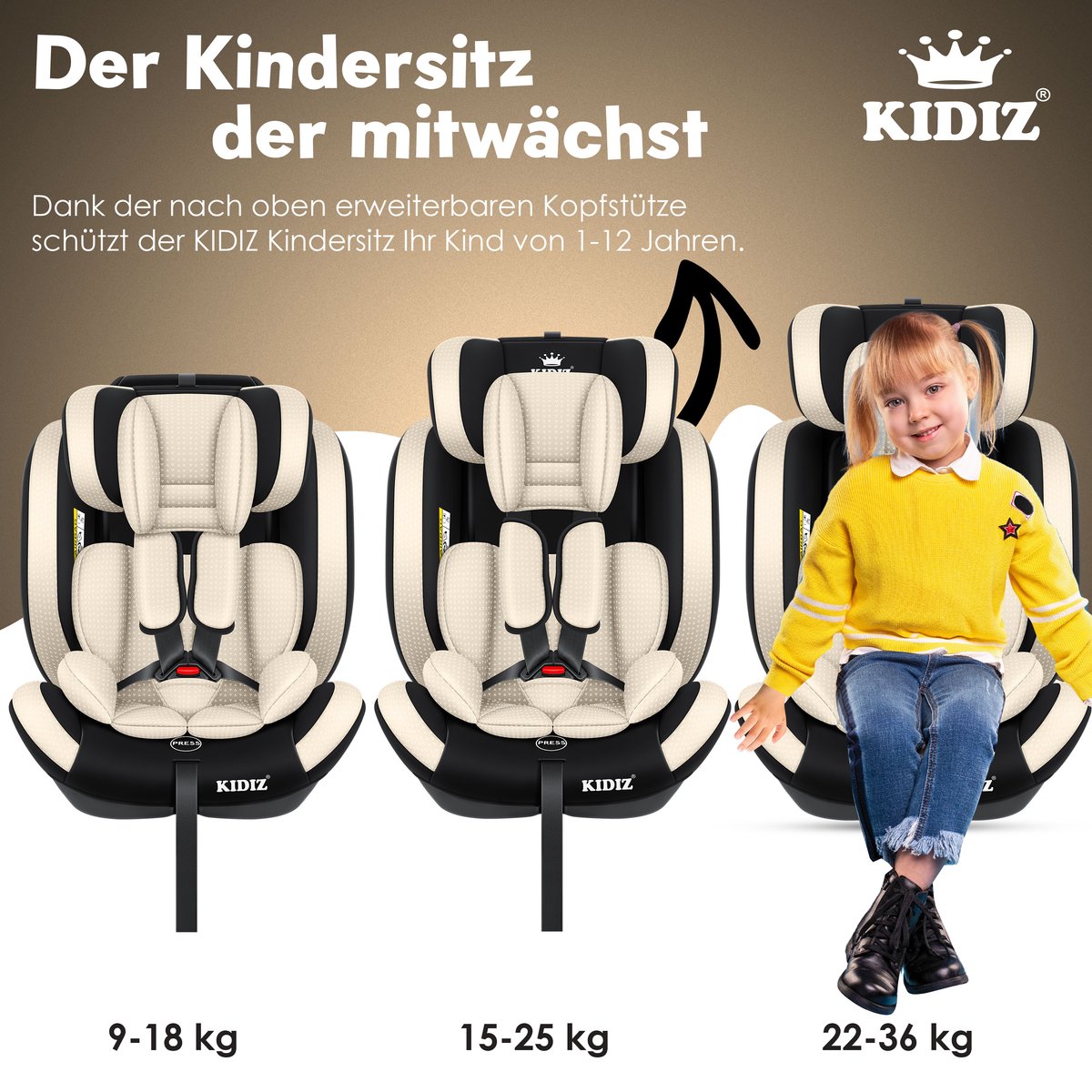 KIDIZ Kinderautostoeltje Kuip Beige 9-36 kg Gr.1/2/3