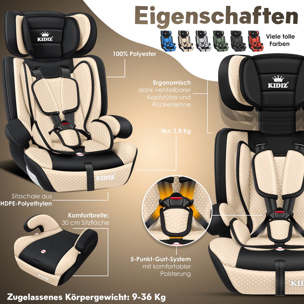KIDIZ Kinderautostoeltje Kuip Beige 9-36 kg Gr.1/2/3
