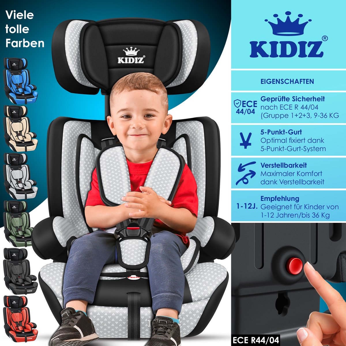 KIDIZ kinderautostoeltje kuip grijs groep 1/2/3 9-36 kg