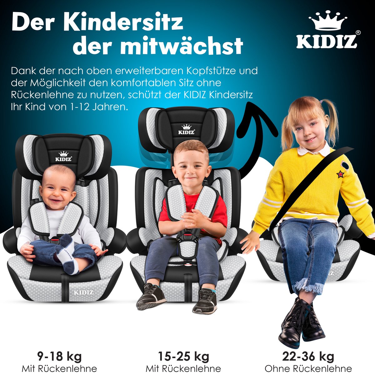 KIDIZ kinderautostoeltje kuip grijs groep 1/2/3 9-36 kg