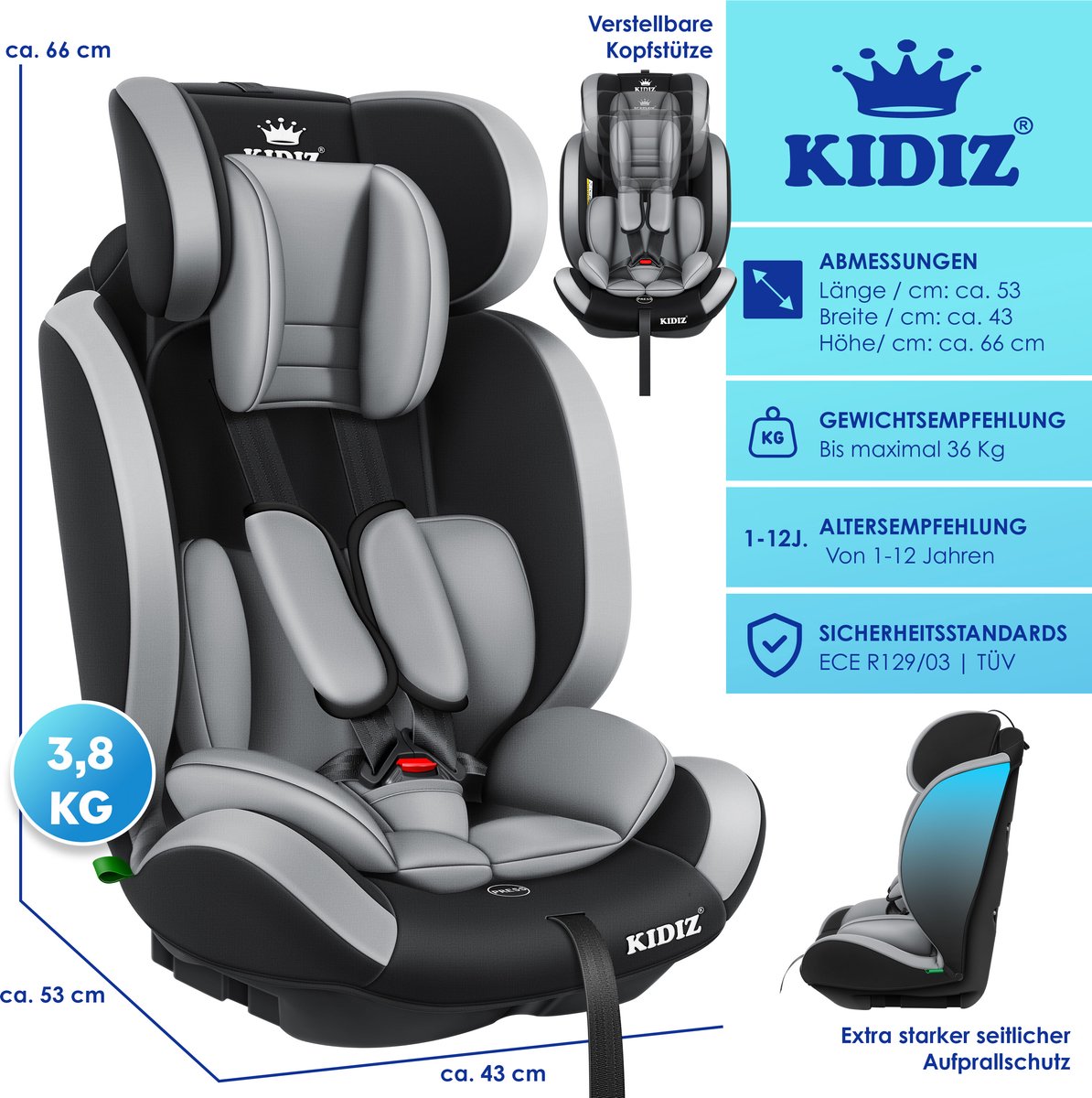 KIDIZ kinderautostoeltje kuip grijs groep 1/2/3 9-36 kg