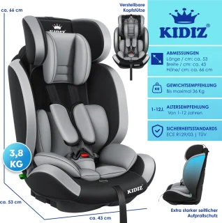 KIDIZ kinderautostoeltje kuip grijs groep 1/2/3 9-36 kg