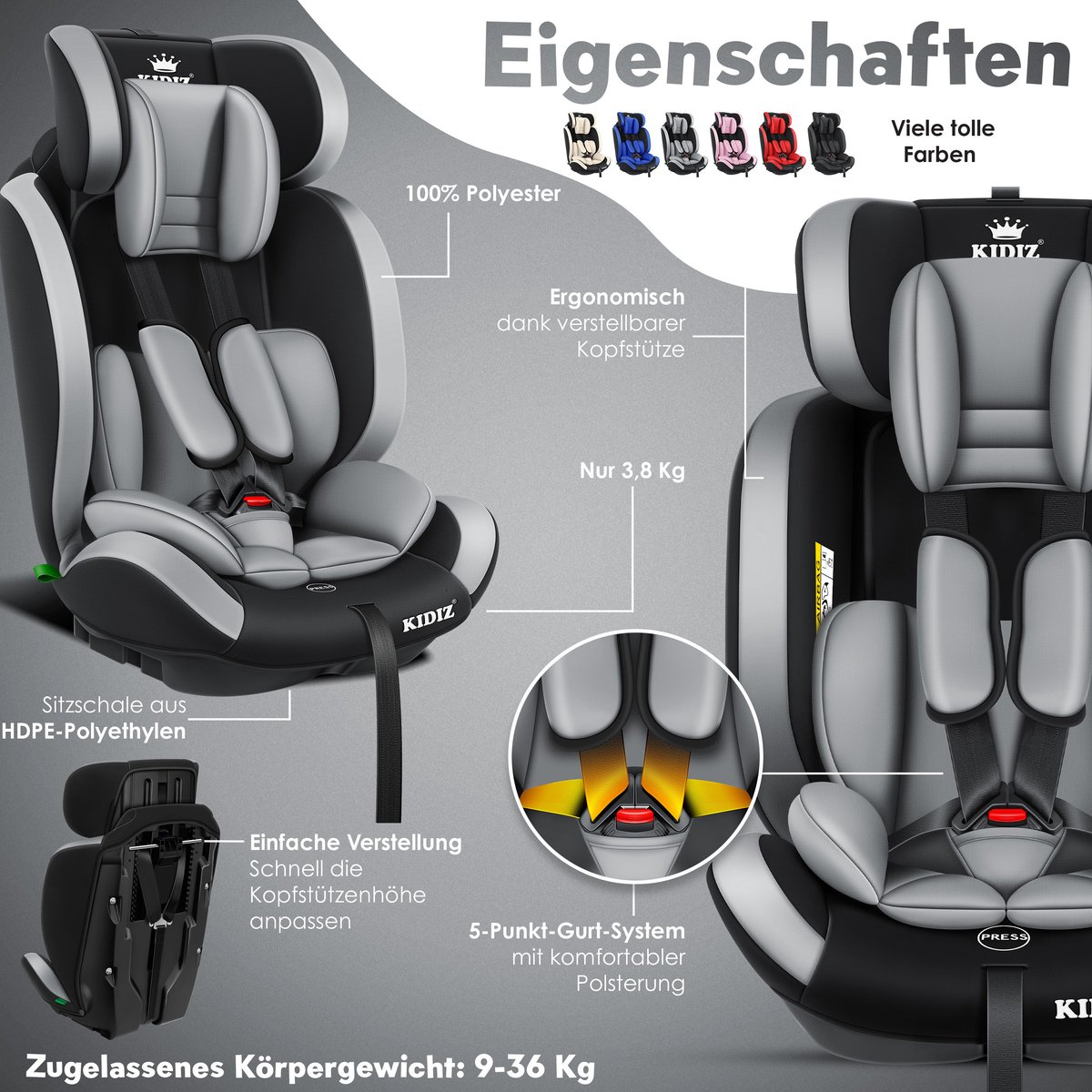 KIDIZ kinderautostoeltje kuip grijs groep 1/2/3 9-36 kg