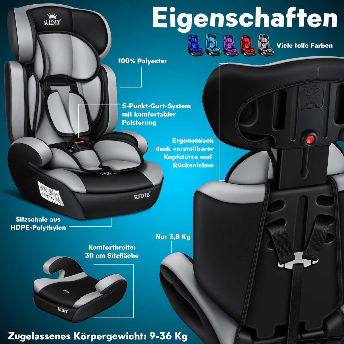 KIDIZ kinderautostoeltje kuip grijs groep 1/2/3 9-36 kg