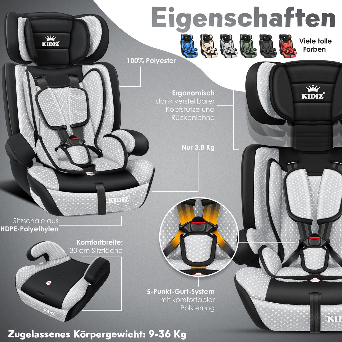 KIDIZ kinderautostoeltje kuip grijs groep 1/2/3 9-36 kg