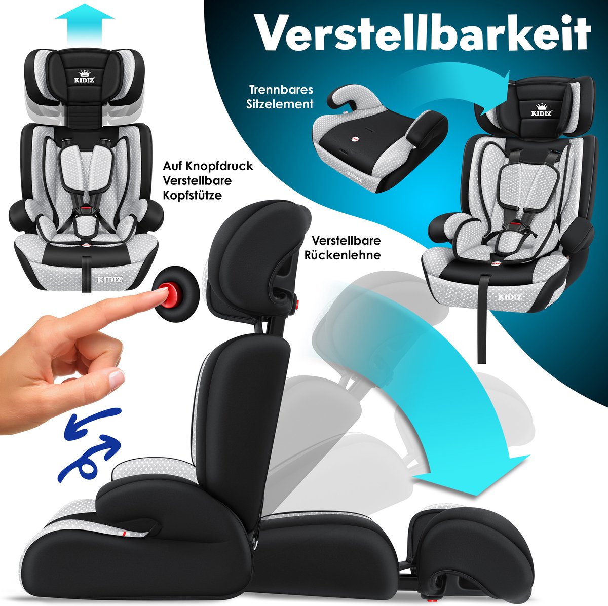 KIDIZ kinderautostoeltje kuip grijs groep 1/2/3 9-36 kg