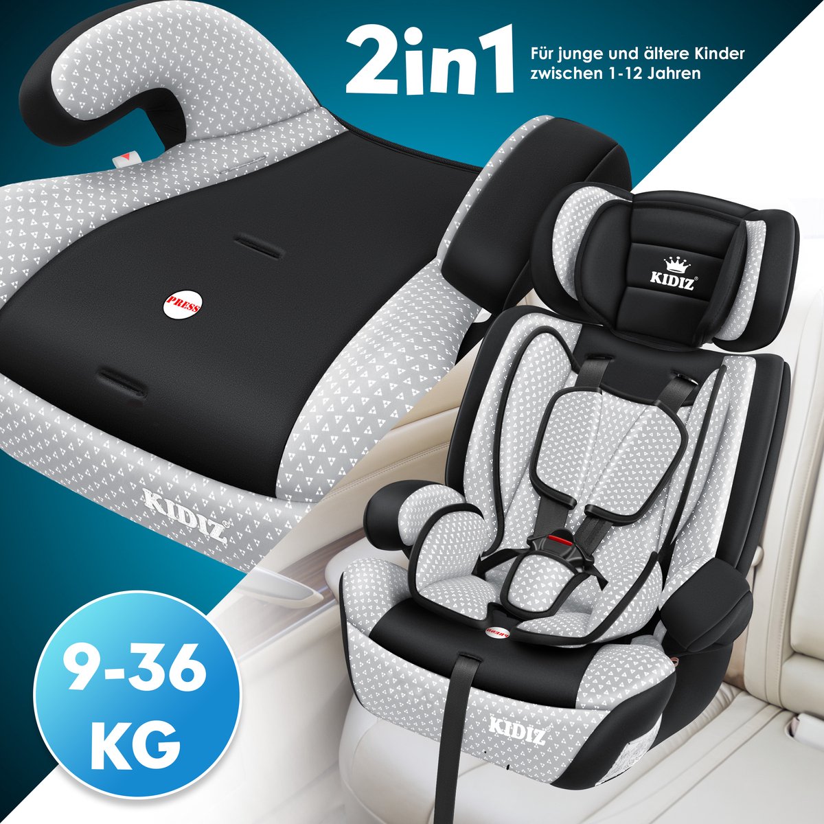 KIDIZ kinderautostoeltje kuip grijs groep 1/2/3 9-36 kg
