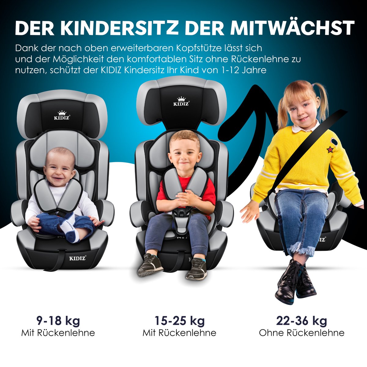 KIDIZ kinderautostoeltje kuip grijs groep 1/2/3 9-36 kg