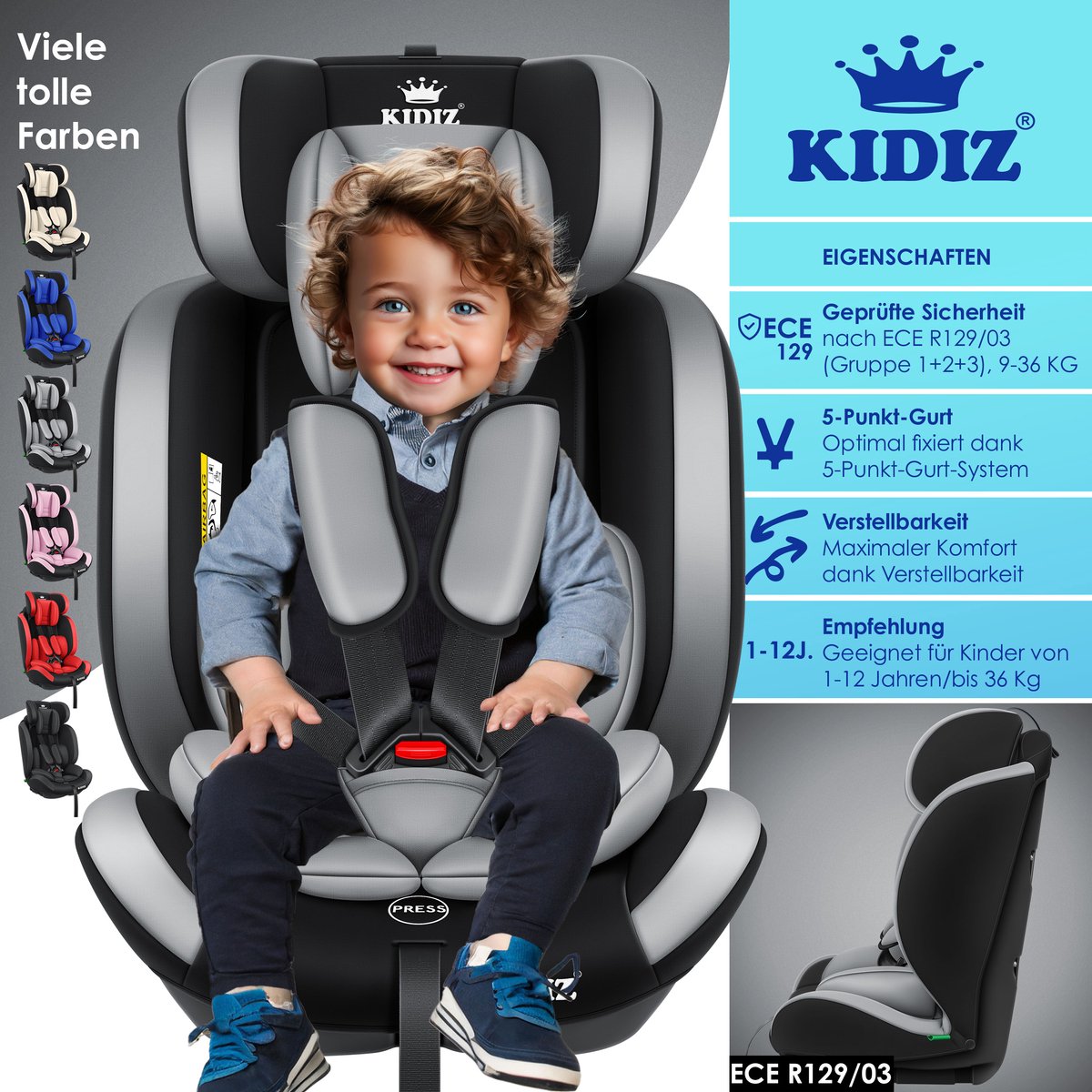 KIDIZ kinderautostoeltje kuip grijs groep 1/2/3 9-36 kg