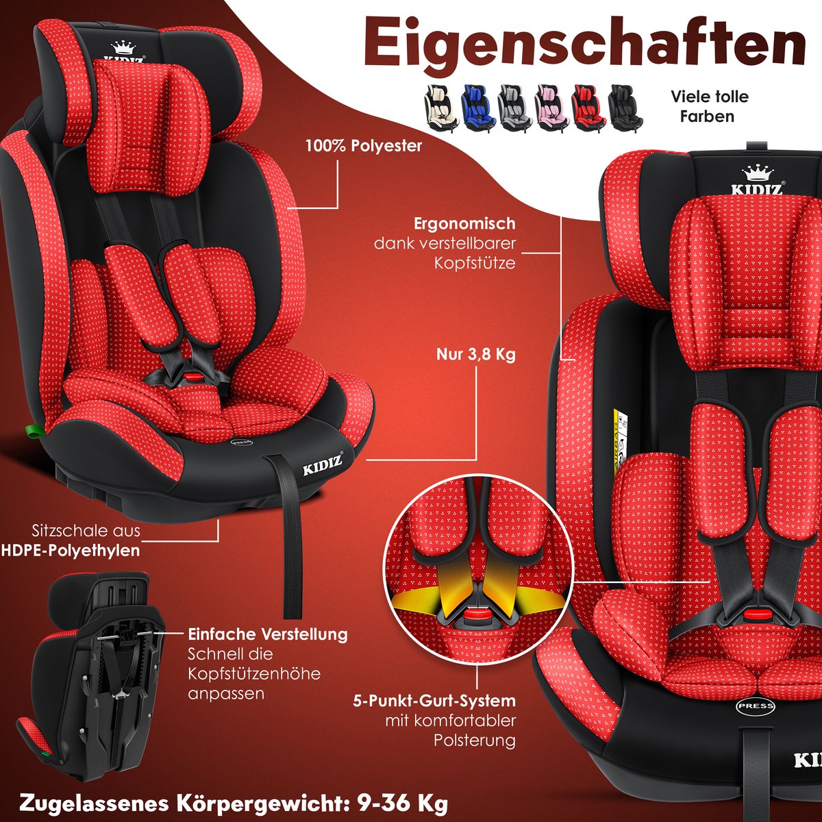 KIDIZ Kinderautostoeltje Kuip Groep 1-3 Rood