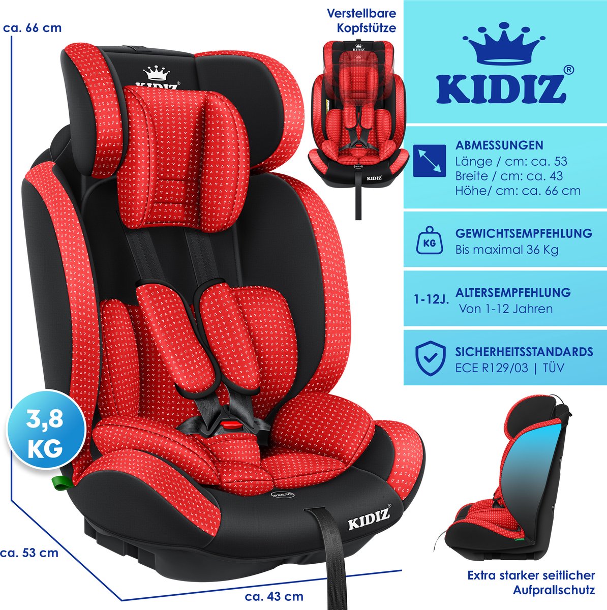 KIDIZ Kinderautostoeltje Kuip Groep 1-3 Rood