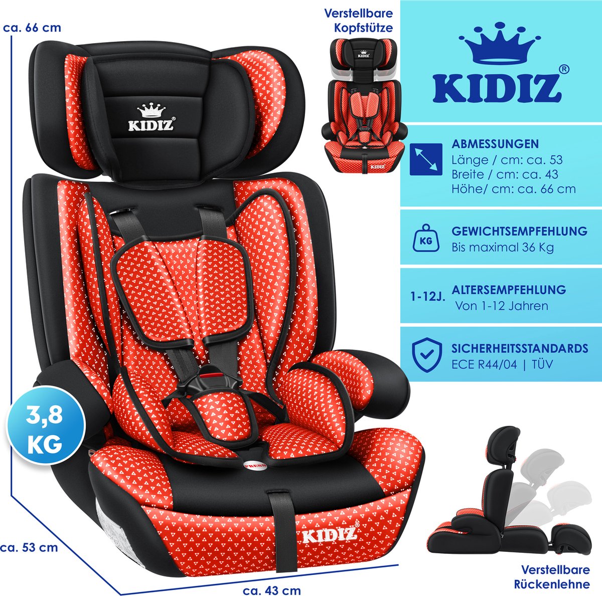 KIDIZ Kinderautostoeltje Kuip Groep 1-3 Rood