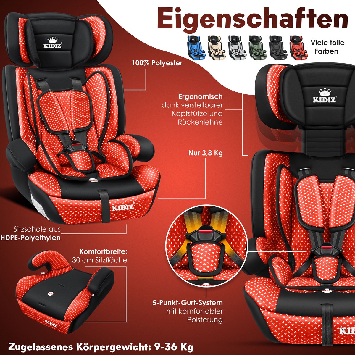 KIDIZ Kinderautostoeltje Kuip Groep 1-3 Rood