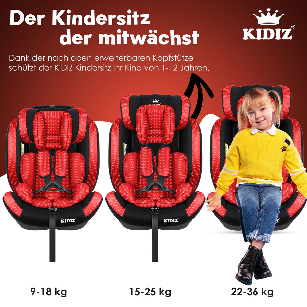 KIDIZ Kinderautostoeltje Kuip Groep 1-3 Rood