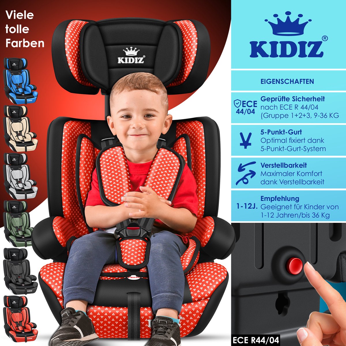 KIDIZ Kinderautostoeltje Kuip Groep 1-3 Rood