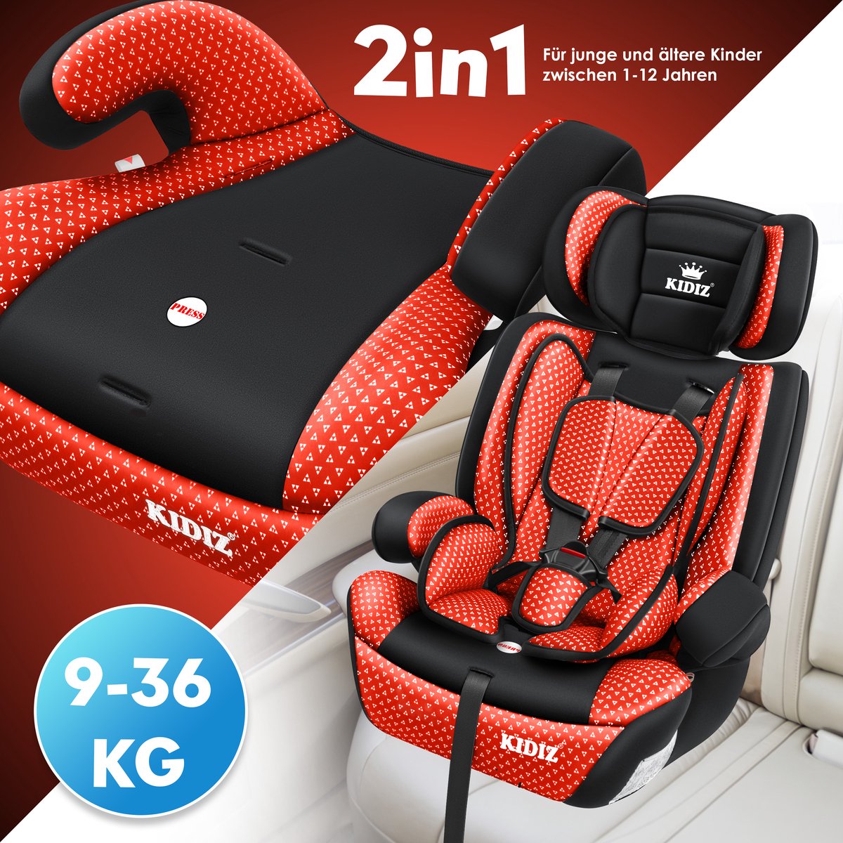 KIDIZ Kinderautostoeltje Kuip Groep 1-3 Rood