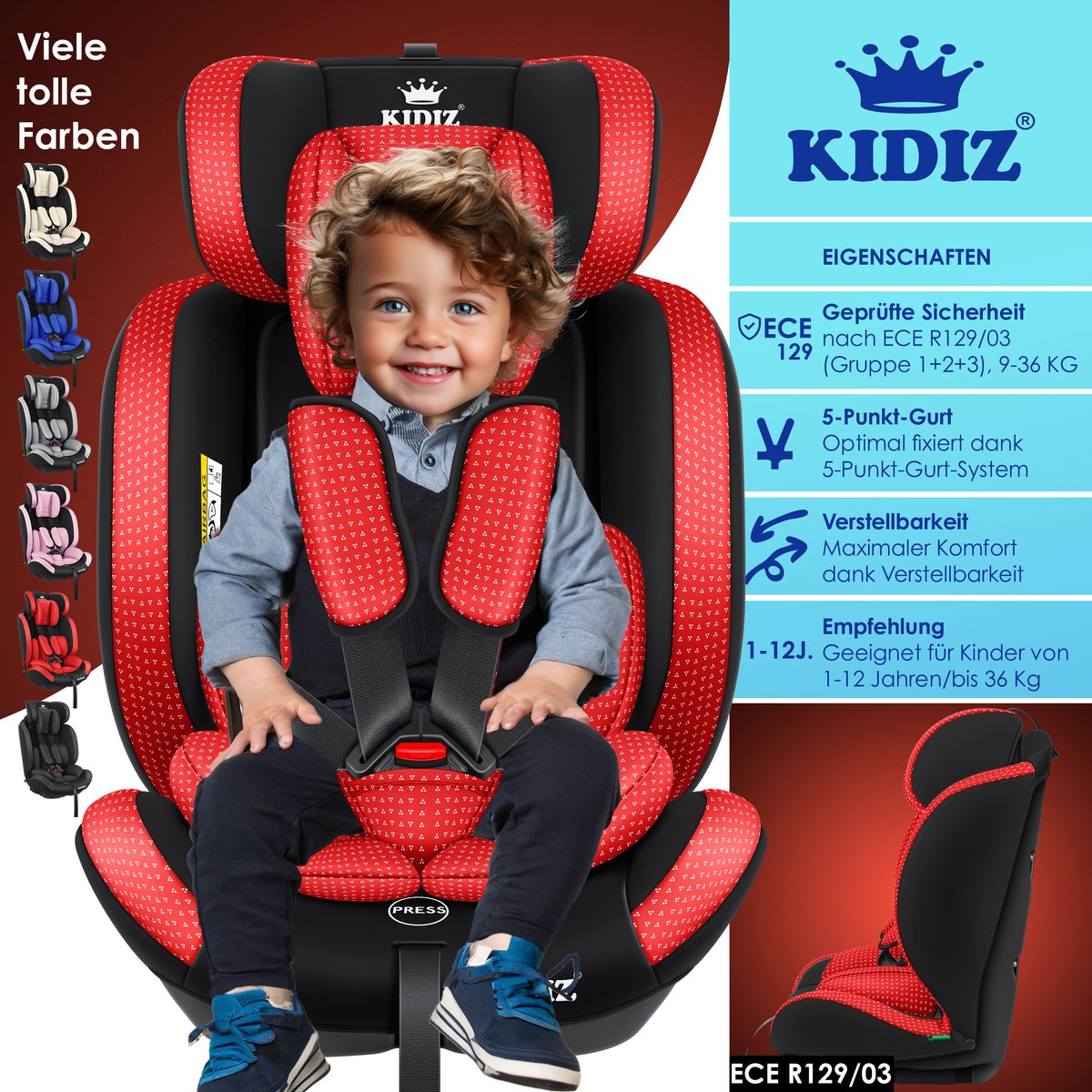 KIDIZ Kinderautostoeltje Kuip Groep 1-3 Rood