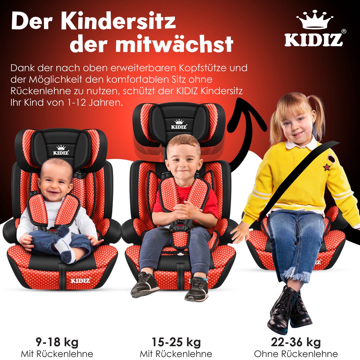 KIDIZ Kinderautostoeltje Kuip Groep 1-3 Rood