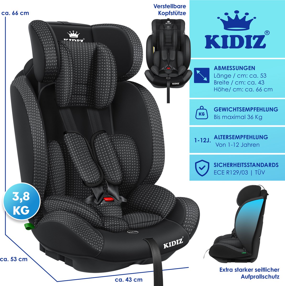 KIDIZ Kinderautostoeltje Kuip Zwart 9-36 kg Gr. 1/2/3