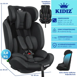 KIDIZ Kinderautostoeltje Kuip Zwart 9-36 kg Gr. 1/2/3