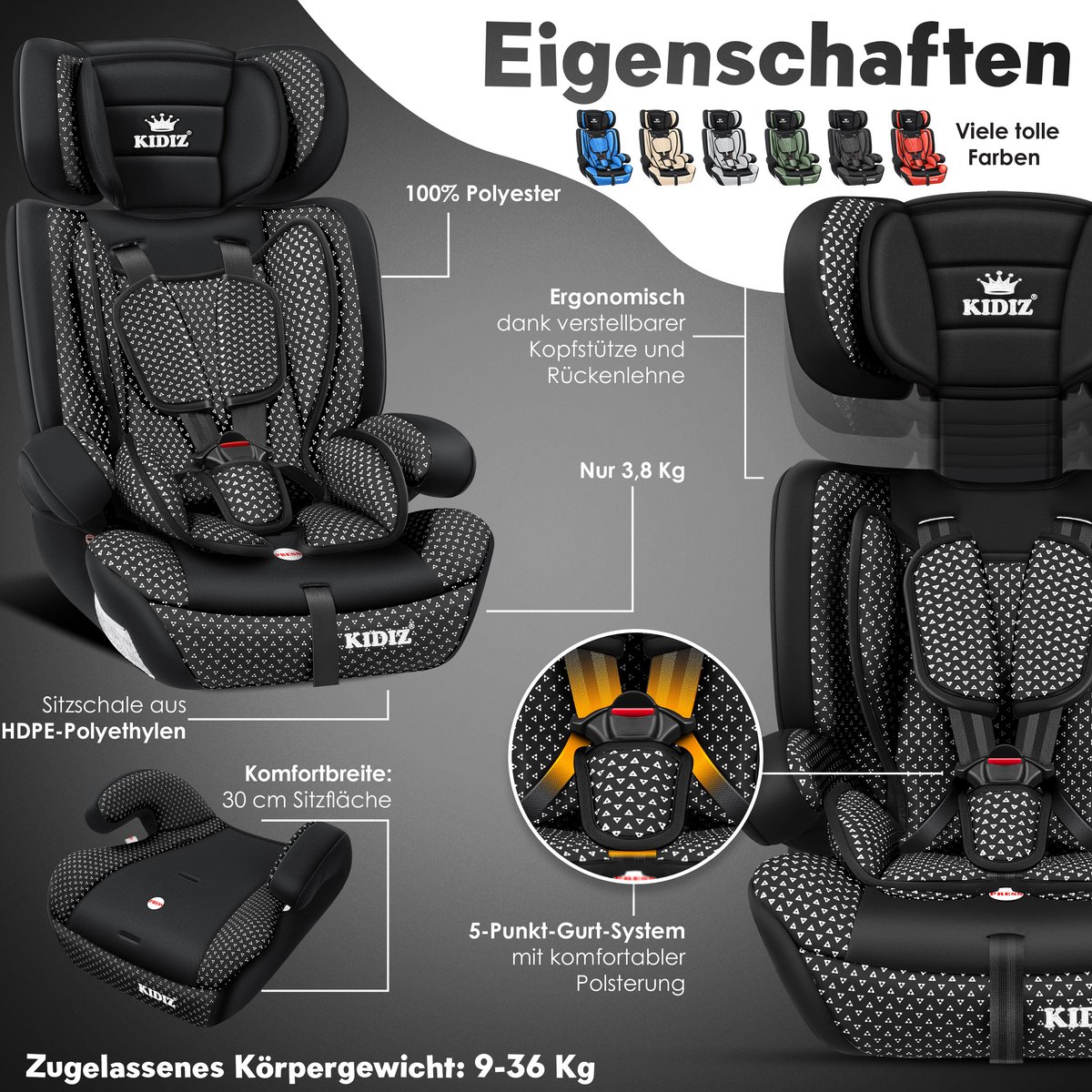 KIDIZ Kinderautostoeltje Kuip Zwart 9-36 kg Gr. 1/2/3