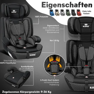 KIDIZ Kinderautostoeltje Kuip Zwart 9-36 kg Gr. 1/2/3