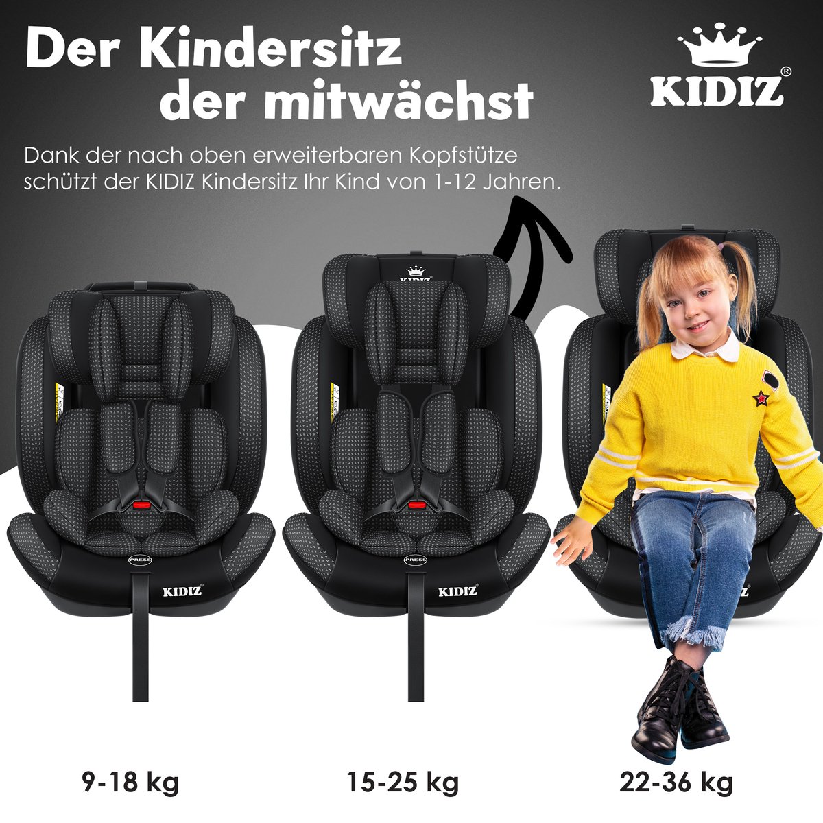 KIDIZ Kinderautostoeltje Kuip Zwart 9-36 kg Gr. 1/2/3