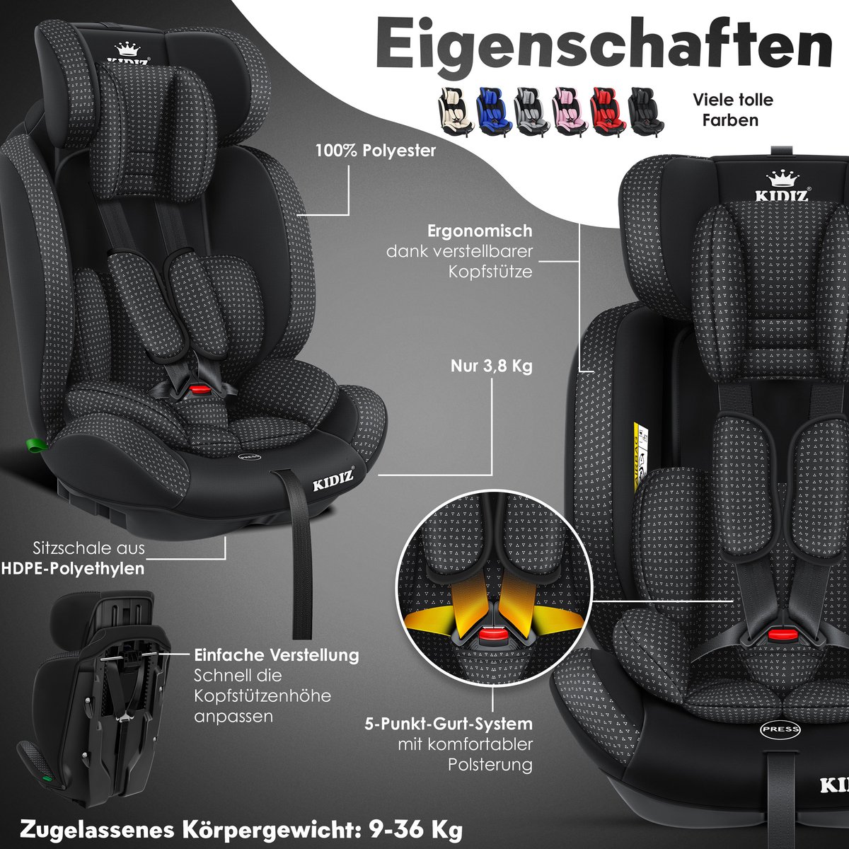KIDIZ Kinderautostoeltje Kuip Zwart 9-36 kg Gr. 1/2/3