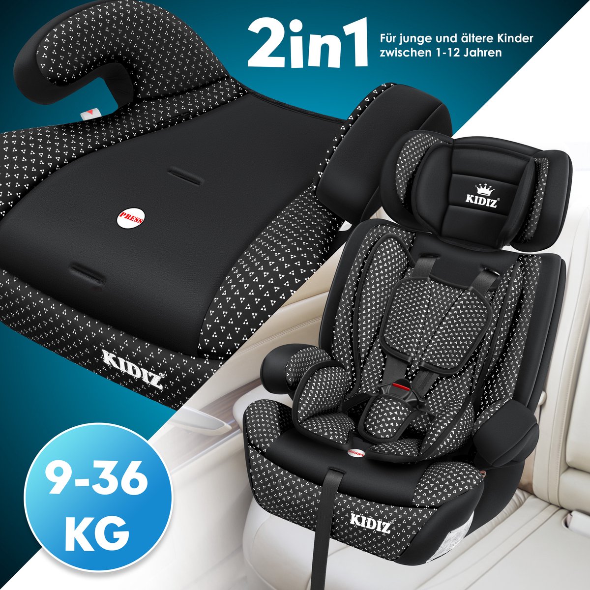 KIDIZ Kinderautostoeltje Kuip Zwart 9-36 kg Gr. 1/2/3