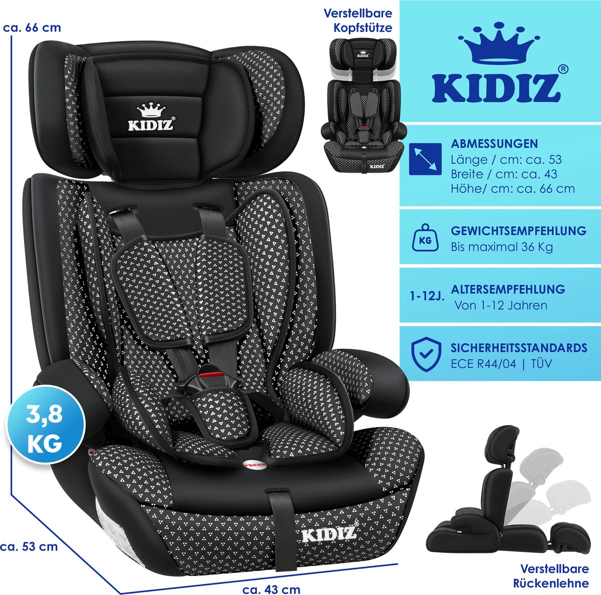 KIDIZ Kinderautostoeltje Kuip Zwart 9-36 kg Gr. 1/2/3
