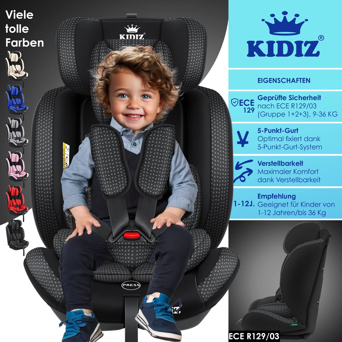 KIDIZ Kinderautostoeltje Kuip Zwart 9-36 kg Gr. 1/2/3