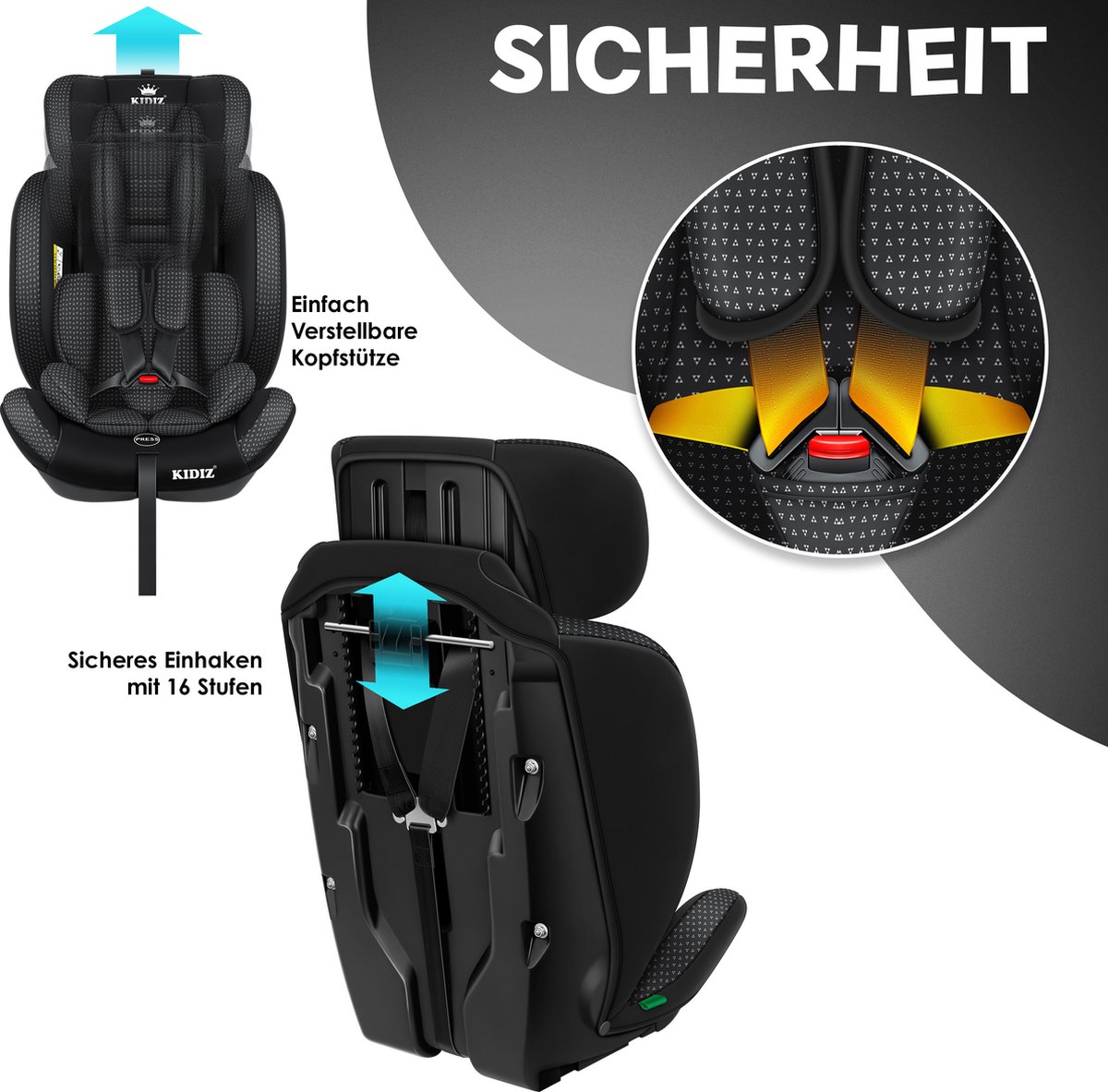 KIDIZ Kinderautostoeltje Kuip Zwart 9-36 kg Gr. 1/2/3