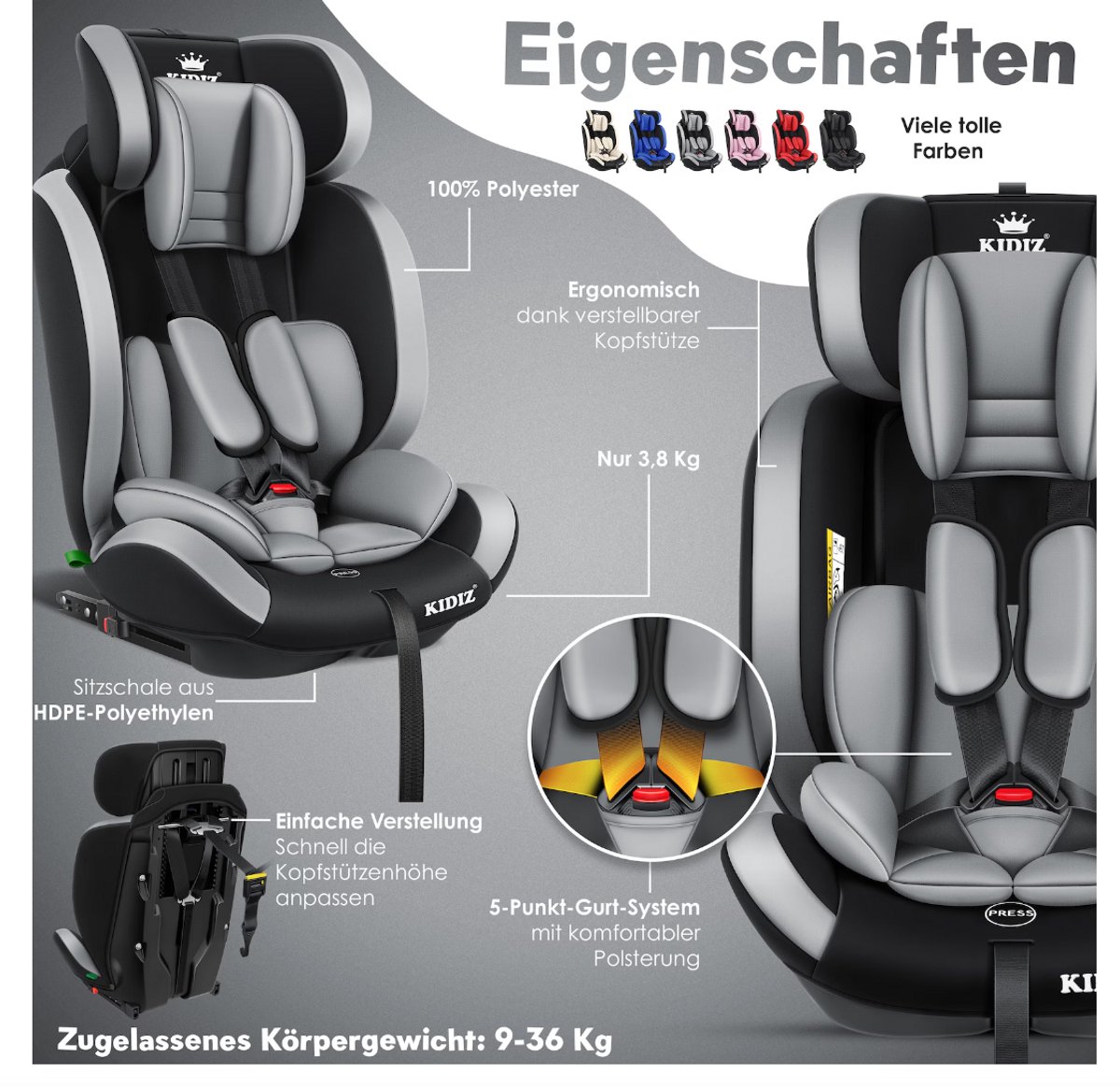 KIDIZ Premium Kinderautostoel Groep 1-3