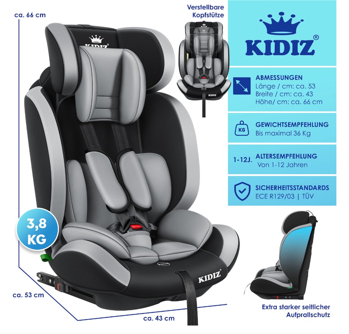 KIDIZ Premium Kinderautostoel Groep 1-3