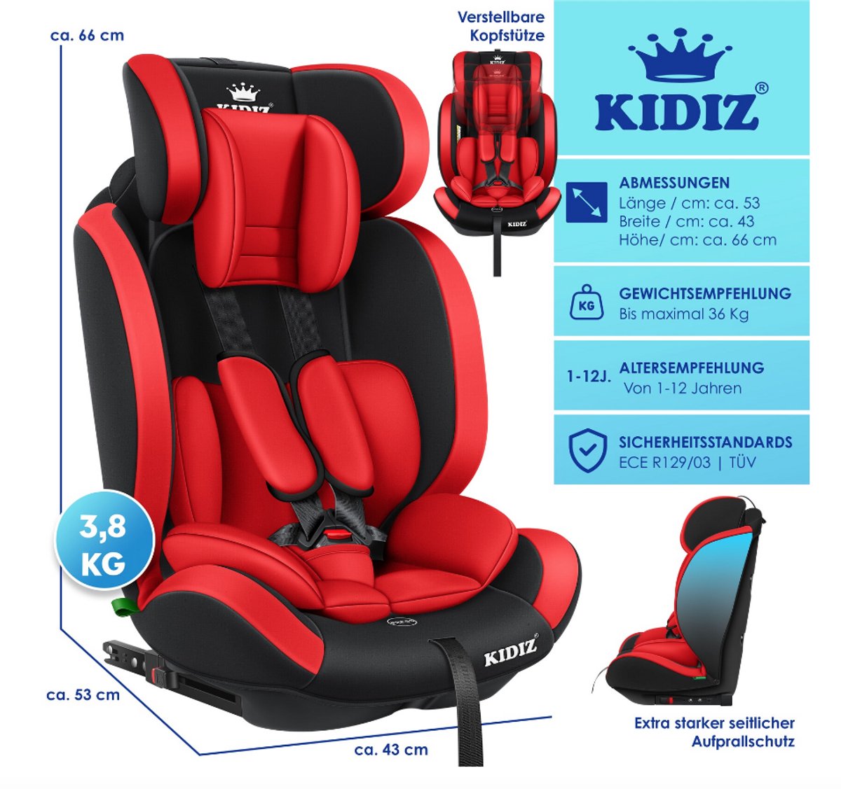 KIDIZ Premium Kinderautostoel Groep 1+2+3