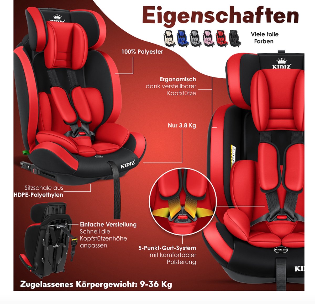 KIDIZ Premium Kinderautostoel Groep 1+2+3