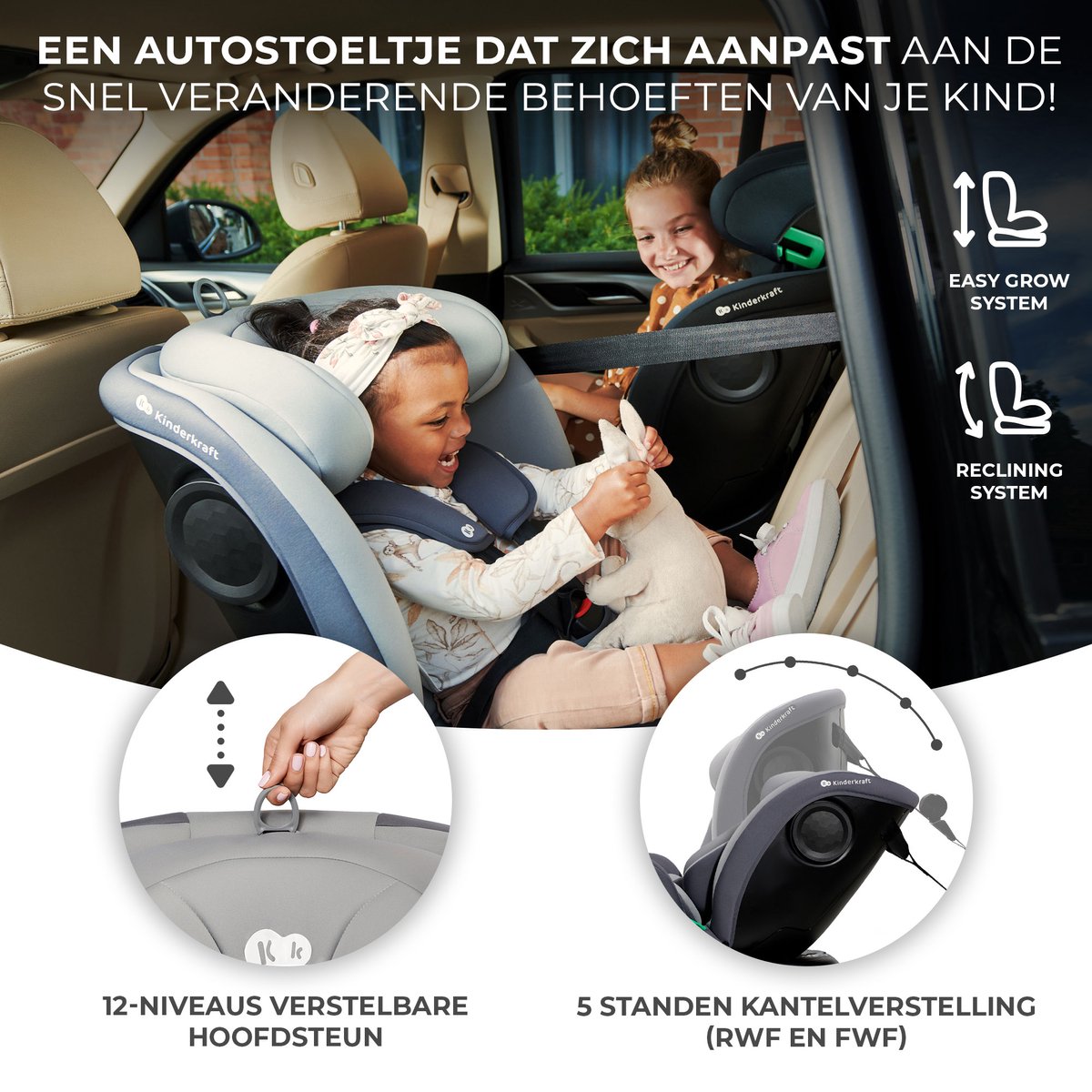 Kinderkraft I-GROW I-SIZE Autostoeltje Zwart