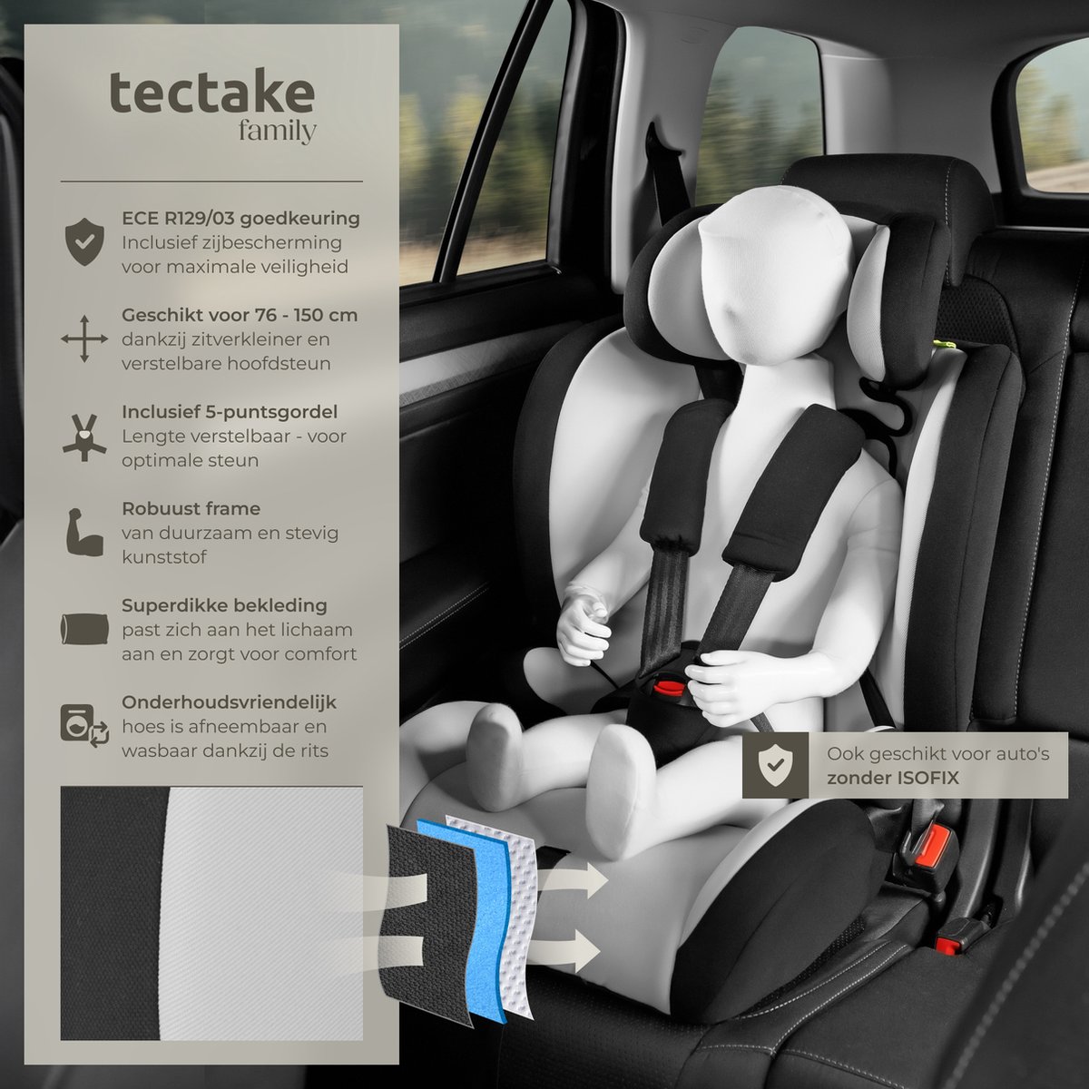 tectake Autostoel Kinderzitje 36 kg lichtgrijs/zwart