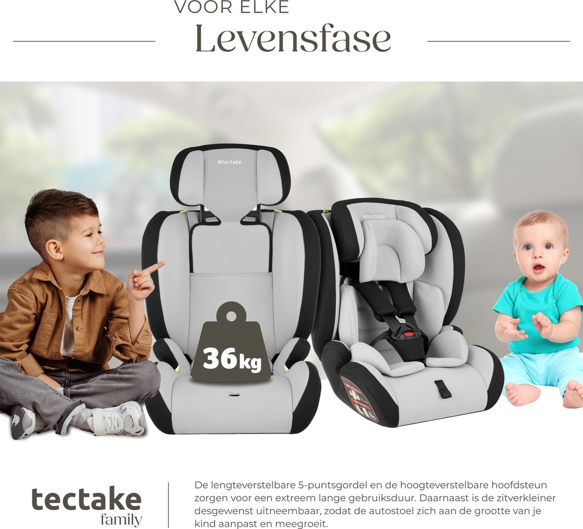 tectake Autostoel Kinderzitje 36 kg lichtgrijs/zwart
