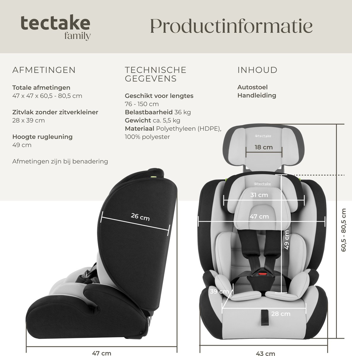 tectake Autostoel Kinderzitje 36 kg lichtgrijs/zwart