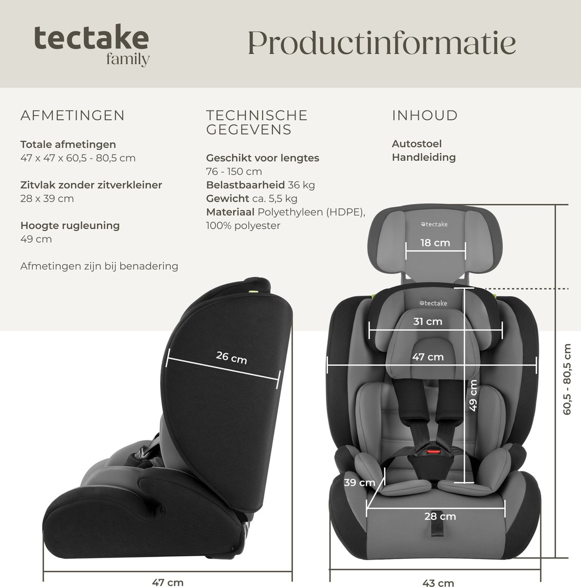 tectake Autostoel Kinderzitje Max 36 kg Donkergrijs